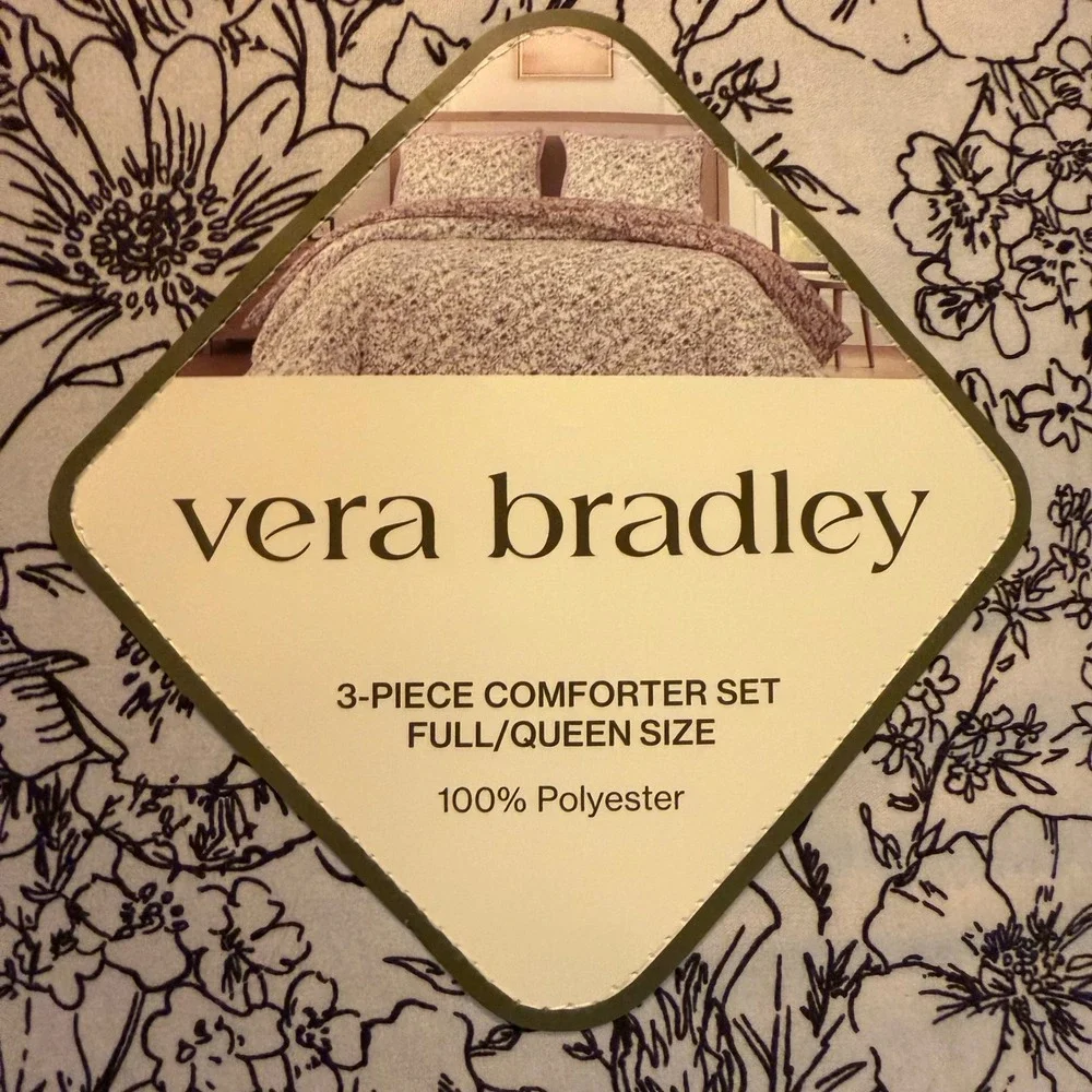 Vera Bradley Comforter Set Full Queen White Black Purple Floral Reversible 3pc